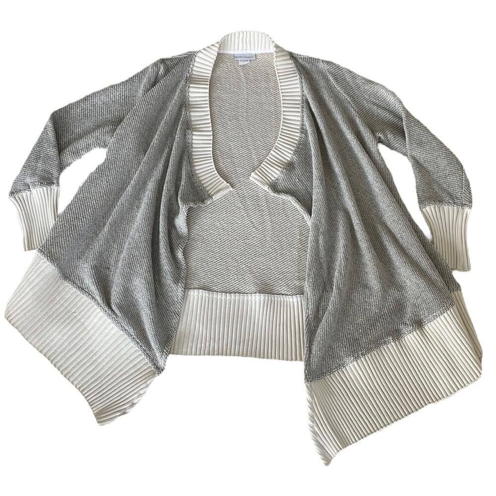 Soft Surroundings Drape Front Open Cardigan Ruffle Sweater Marled Grey White L